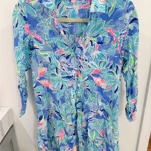 Floral Blue and Pink Women's Long Sleeve Cover-Up